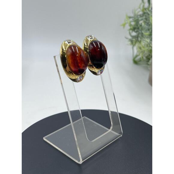 Kenneth Jay Lane Oval Brown Glass Cabochon Vintage Rhinestone Clip Earring‎ - Picture 4 of 16